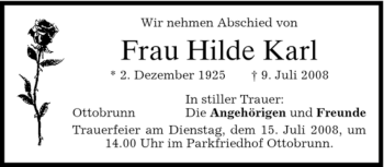 Todesanzeige von Hilde Karl von DORFENER NACHRICHTEN