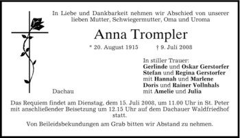 Todesanzeige von Anna Trompler von HOLZKIRCHENER MERKUR