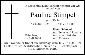Todesanzeige von Pauline Stimpel von DORFENER NACHRICHTEN