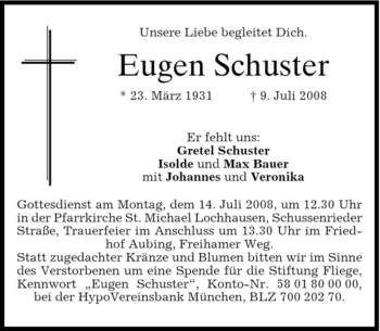 Todesanzeige von Eugen Schuster von DORFENER NACHRICHTEN