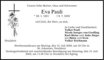 Todesanzeige von Eva Pauli von MERKUR & TZ