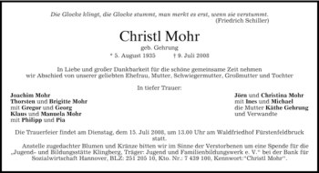 Todesanzeige von Christl Mohr von MERKUR & TZ