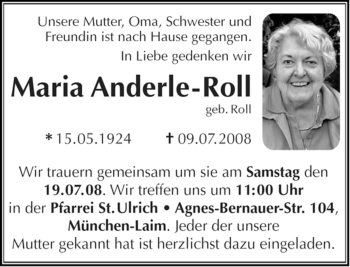 Todesanzeige von Maria Anderle-Roll von DORFENER NACHRICHTEN