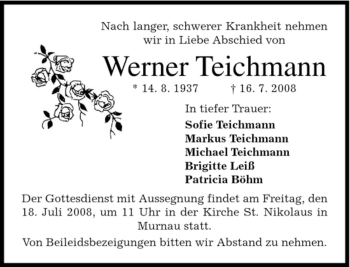 Todesanzeige von Werner Teichmann von MERKUR & TZ