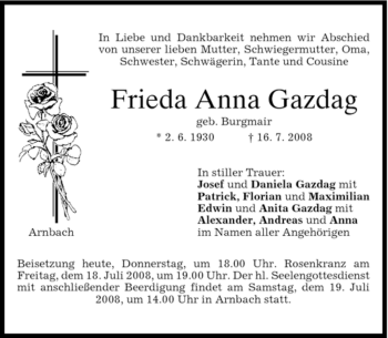 Todesanzeige von Frieda Anna Gazdag von HOLZKIRCHENER MERKUR