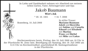 Todesanzeige von Jakob Baumann von MERKUR & TZ