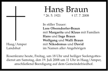 Todesanzeige von Hans Braun von MERKUR & TZ