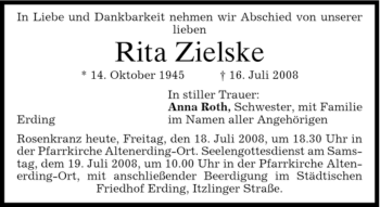 Todesanzeige von Rita Zielske von MERKUR & TZ