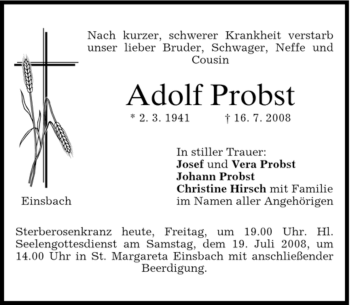 Todesanzeige von Adolf Probst von HOLZKIRCHENER MERKUR