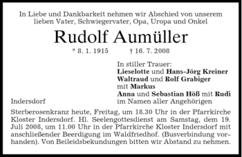 Todesanzeige von Rudolf Aumüller von HOLZKIRCHENER MERKUR