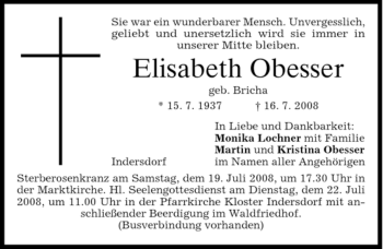 Todesanzeige von Elisabeth Obesser von HOLZKIRCHENER MERKUR