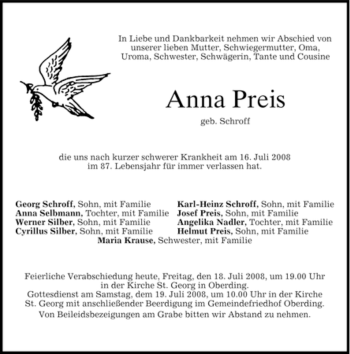 Todesanzeige von Preis Anna von MERKUR & TZ