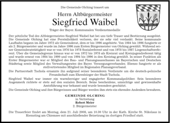 Todesanzeige von Siegfried Waibel von MERKUR & TZ