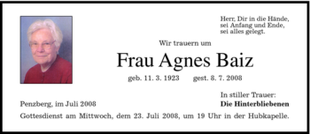 Todesanzeige von Agnes Baiz von MERKUR & TZ