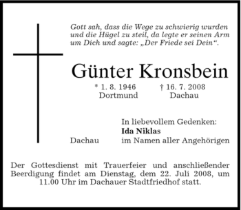 Todesanzeige von Günter Kronsbein von HOLZKIRCHENER MERKUR