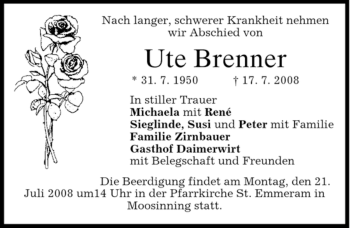 Todesanzeige von Ute Brenner von MERKUR & TZ