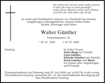 Todesanzeige von Walter Günther von MERKUR & TZ