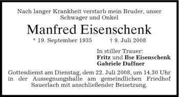 Todesanzeige von Manfred Eisenschenk von DORFENER NACHRICHTEN