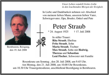 Todesanzeige von Peter Straub von MERKUR & TZ