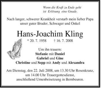 Todesanzeige von Hans-Joachim Kling von MERKUR & TZ
