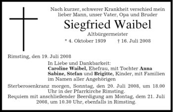 Todesanzeige von Siegfried Waibel von MERKUR & TZ