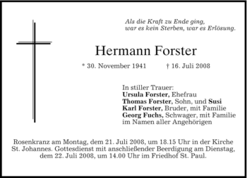 Todesanzeige von Hermann Forster von MERKUR & TZ