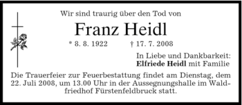 Todesanzeige von Franz Heidl von MERKUR & TZ