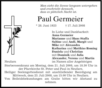 Todesanzeige von Paul Germeier von DORFENER NACHRICHTEN