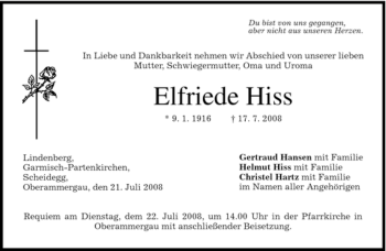 Todesanzeige von Elfriede Hiss von MERKUR & TZ