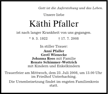 Todesanzeige von Käthi Pfaller von GARMISCH-PARTENK. TAGBLATT