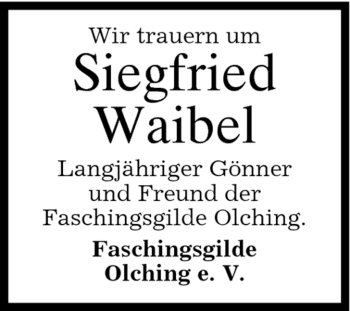 Todesanzeige von Siegfried Waibel von MERKUR & TZ