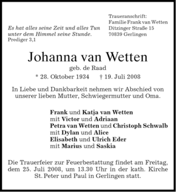 Todesanzeige von Johanna van Wetten von MERKUR & TZ