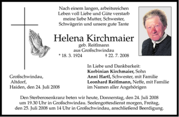 Todesanzeige von Helena Kirchmaier von MERKUR & TZ