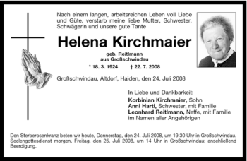 Todesanzeige von Helena Kirchmaier von MERKUR & TZ