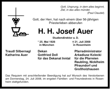 Todesanzeige von Josef Auer von MERKUR & TZ