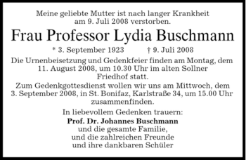 Todesanzeige von Lydia Buschmann von DORFENER NACHRICHTEN