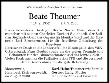 Todesanzeige von Beate Theumer von MERKUR & TZ
