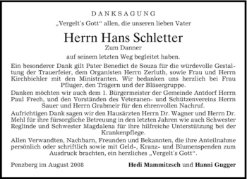 Todesanzeige von Hans Schletter von MERKUR & TZ