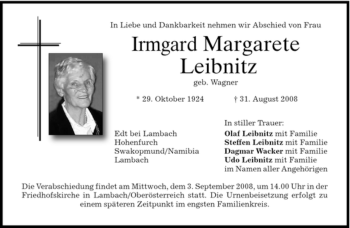 Todesanzeige von Irmgard Margarete Leibnitz von MERKUR & TZ