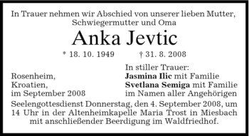 Todesanzeige von Anka Jevtic von MERKUR & TZ