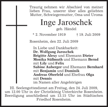 Todesanzeige von Inge Jaroschek von MERKUR & TZ