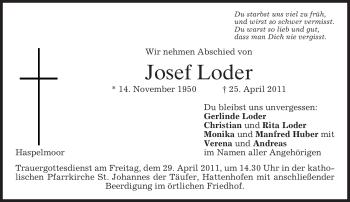 Todesanzeige von Josef Loder von MERKUR & TZ