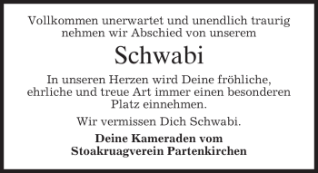 Todesanzeige von Schwabi Unbekannt von MERKUR & TZ