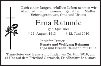 Todesanzeige von Erna Ratunde von MERKUR & TZ