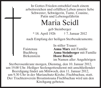 Todesanzeige von Maria Seidl von MERKUR & TZ