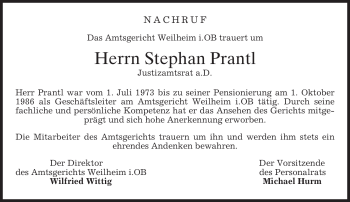 Todesanzeige von Stephan Prantl von MERKUR & TZ