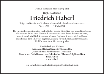 Todesanzeige von Friedrich Haberl von MERKUR & TZ