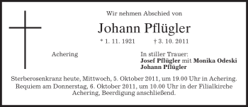 Todesanzeige von Johann Pflügler von MERKUR & TZ