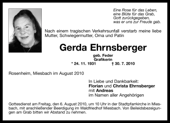 Todesanzeige von Gerda Ehrnsberger von MERKUR & TZ