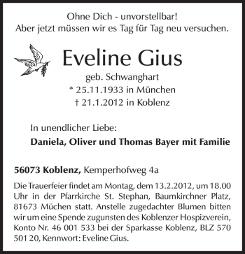 Todesanzeige von Eveline Gius von MERKUR & TZ